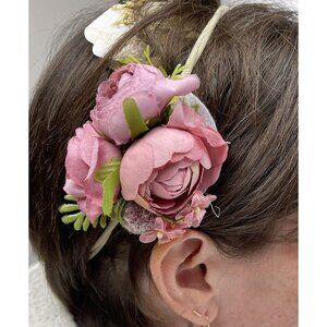 HANDMADE Pink ROSE and RASPBERRY Floral Stretch HEADBAND or HAIR TIE NWT NEW